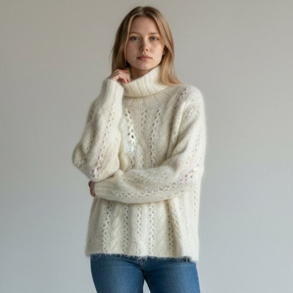 Garnet Hill Mohair Wool Turtleneck Sweater Vintage Women's Sz L Cream 80s